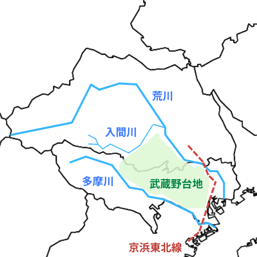 武蔵野台地の位置を示す地図